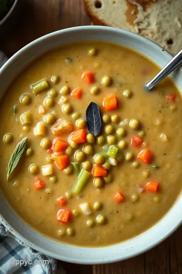 Creamy Slow Cooker Split Pea Soup with Herbed Croutons presentation