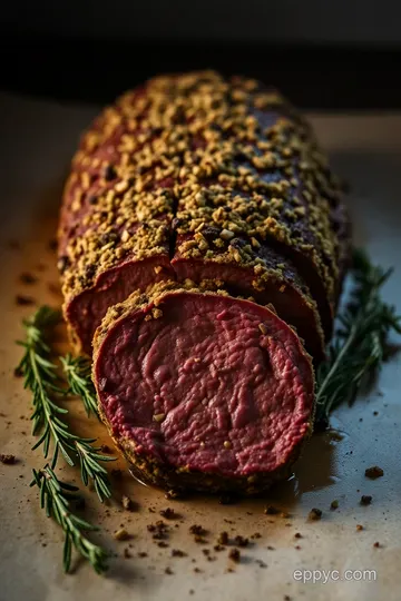 Herb-Crusted Roasted Tenderloin with Garlic Mashed Potatoes presentation